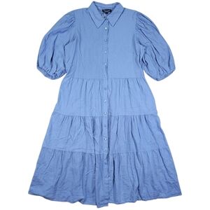 Midi Dress Women Small Blue Tiered Button Up Puff Sleeve Linen Blend Cottagecore